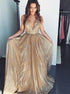 A line V Neck Sleeveless Sequined Champagne Prom Dress LBQ3165